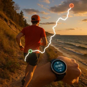 A trail runner on a Lake Michigan trail with a modern GPS watch on.