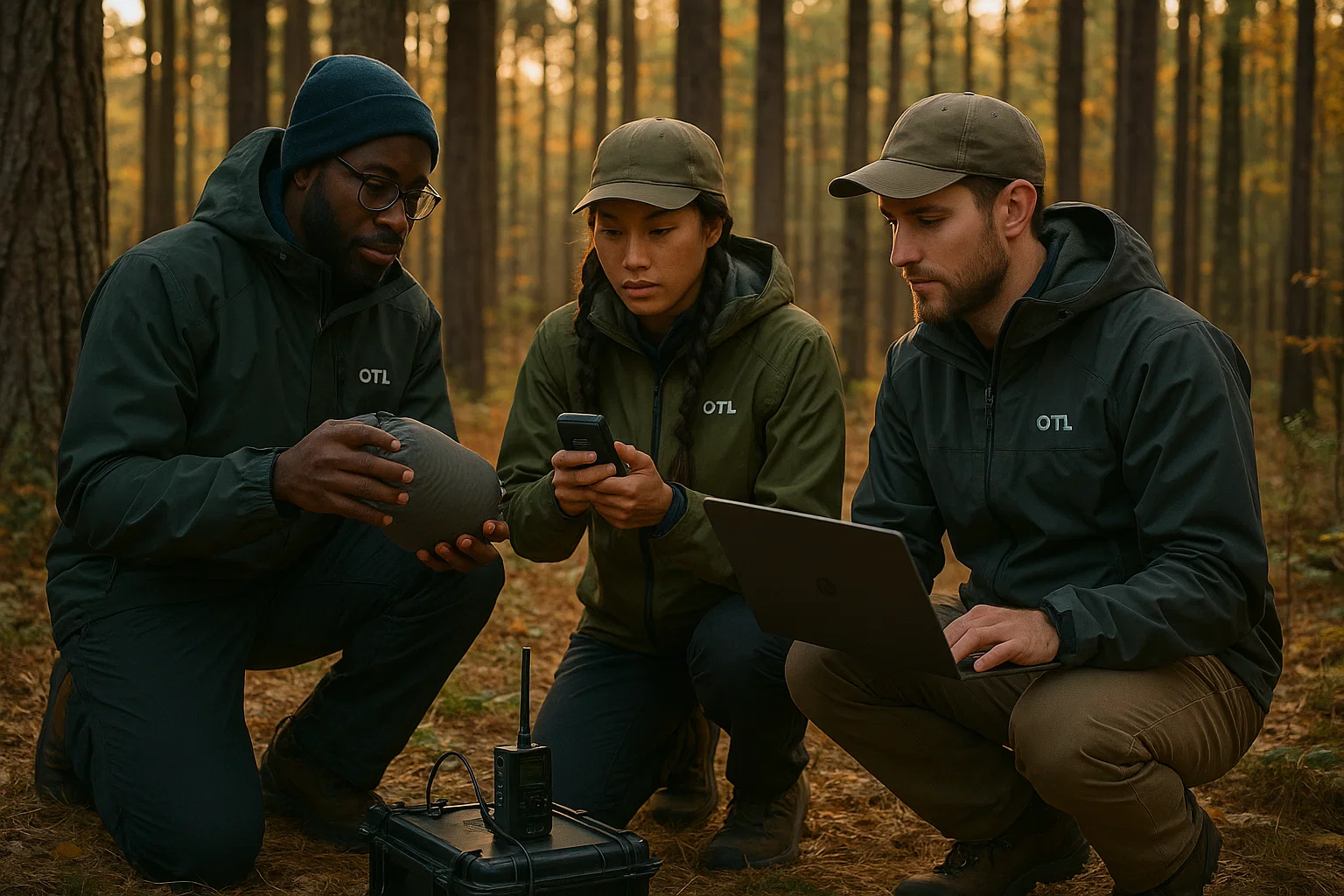 Outdoor Tech Lab research team conducting gear field tests in Northern Michigan forest with ultralight equipment and technology