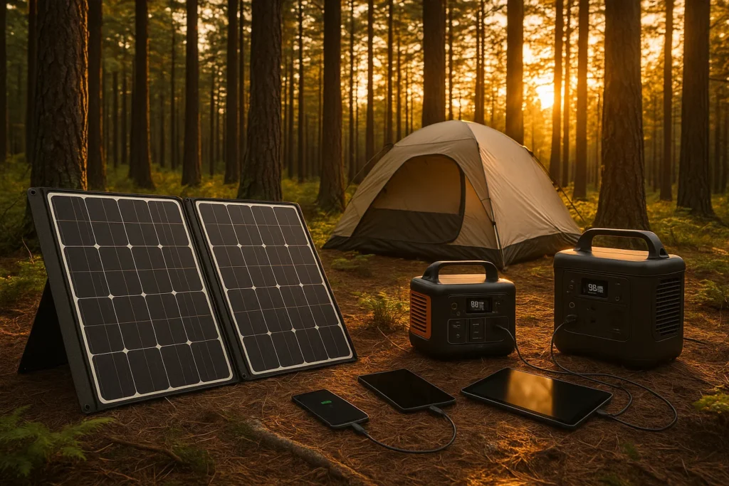 Top solar camping gear setup in Northern Michigan forest including portable solar panels and power stations