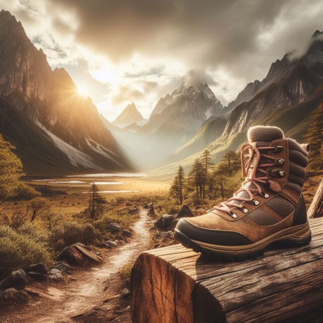 Women's hiking boots on display over the mountains