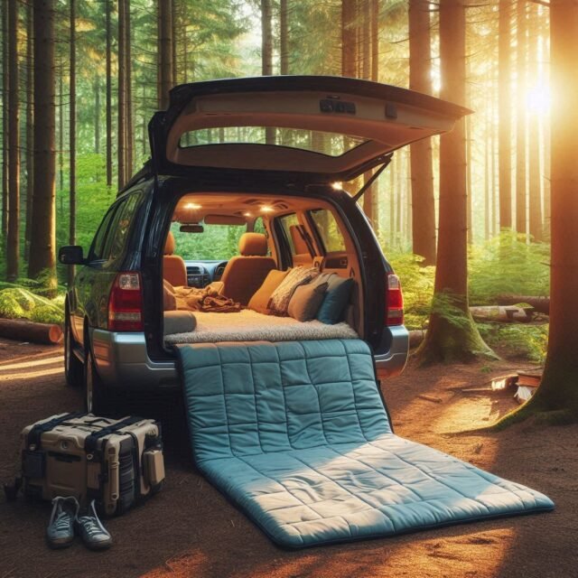 Camping sleeping gear in back of vehicle