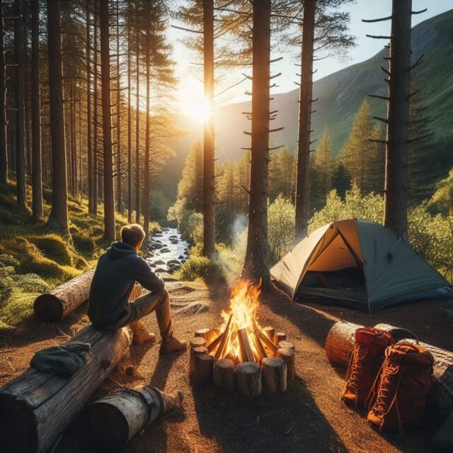 Ultralight backpacking gear being tested in the mountains with a fire going.