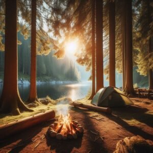 amazing shot of the sunshine over a lake with a camping tent set up
