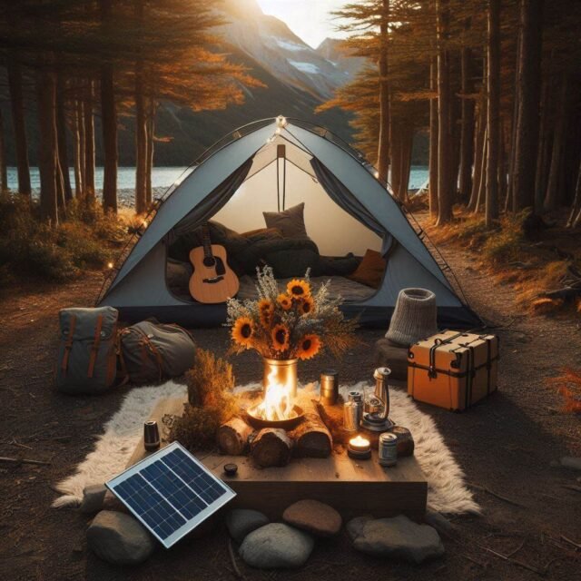 solar power charger set up near camping tent