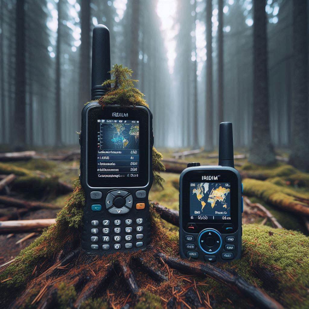 A satellite phone and satellite messenger upright in the woods by outdoor tech lab.