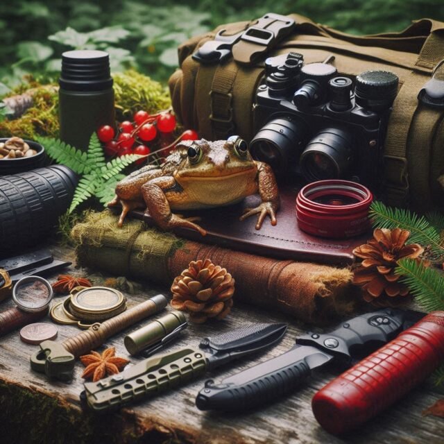 Survival frog gear being displayed in the forest during a test with Outdoor tech Lab.