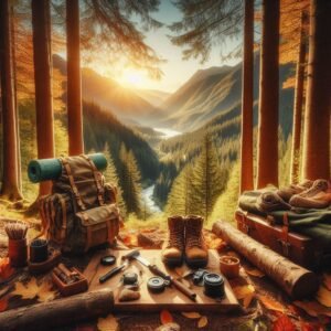 Essential outdoor gear on display in the wilderness.