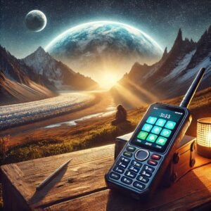 Satellite phones out in a remote region with mountain view