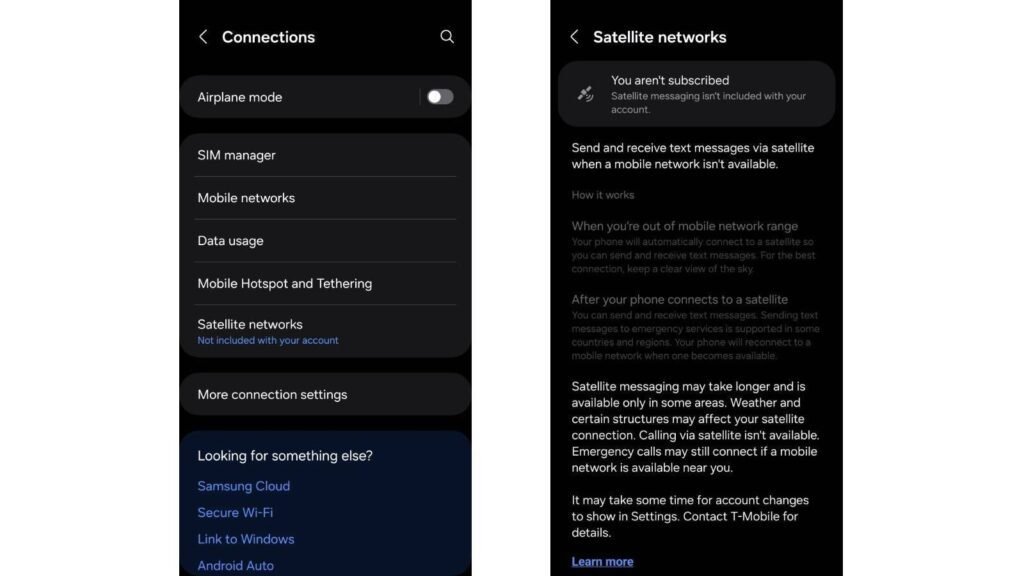 Samsung galaxy s24 satellite messaging available on smartphone screenshot