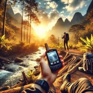 A new garmin type gps unit by an amazing stream with a sunset