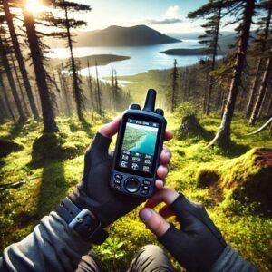 Modern satellite messenger gps devices being used in the forest