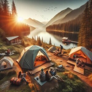 amazing lake view with a family sized camping tent surrounded by a few other tents
