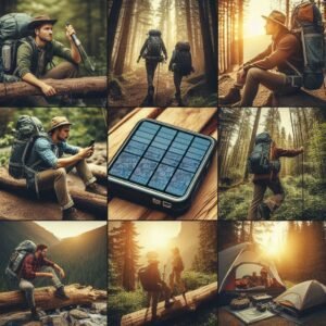 portable solar chargers and other modern outdoor gear laid out while camping in the forest