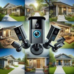 Icons of ring and blink outdoor security cameras set up