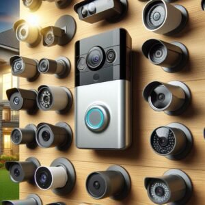 Outdoor security cameras mounted on a display board showing the outside cam