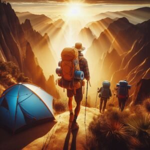 Sun light shining into a mountain valley with backpackers wearing ultralight gear