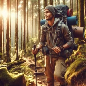 Hiker with his ultralight backpacking tools on his back