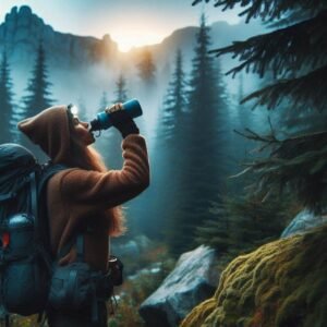 Young female hiker in mountains using budget camping gear - drinking from LifeStraw, wearing headlamp at dusk.