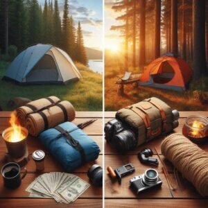 Side-by-side comparison: expensive vs. budget camping gear under $50 performing equally well. Split-screen composition, high-detail product focus, outdoor setting for Outdoor Tech Lab review.