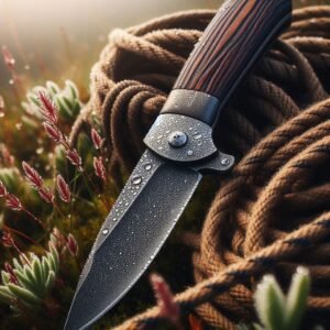 Macro shot of Morakniv Companion knife cutting rope in wilderness. Extreme detail on blade texture, shallow depth of field, morning dew on plants.