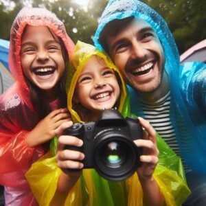 Family using budget rain gear under $50 during summer camping trip. Joyful moment in light rain, colorful ponchos, realistic water droplets on lens.