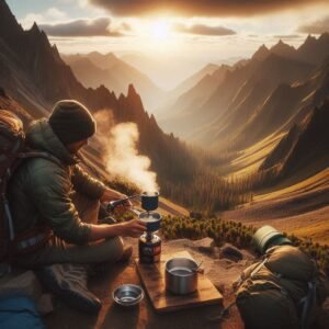 A backpacker using one of the Jetboil Flash camp stoves to boil water in the mountains, ultra-detailed landscape