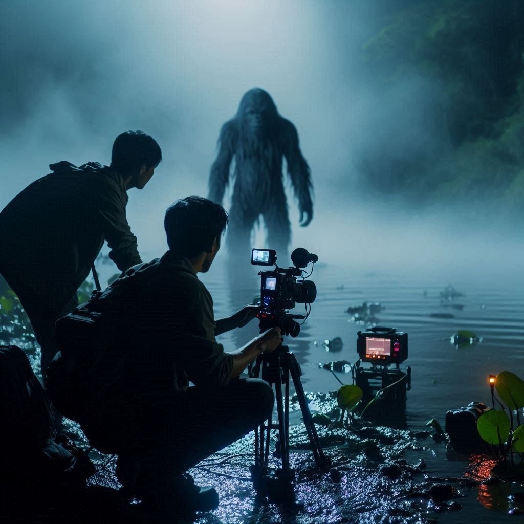 A documentary film crew (two people with cameras and a sound recorder) filming at night, cryptid hunting in a misty swamp, one pointing a thermal camera toward a massive, blurred figure (Dogman) in the distance. Cinematic, Small Town Monsters vibe.