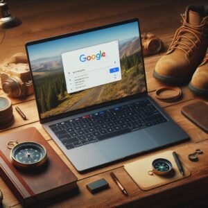 A laptop screen showing Google Maps with a right-click menu open, revealing GPS coordinates. The desk has outdoor gear like a compass, notebook, and hiking boots used by outdoor tech lab.