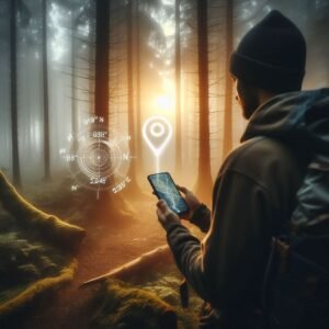 A hiker in a forest checking google maps on their phone, with a glowing GPS coordinate overlay (e.g., 48.8584° N, 2.2945° E) floating in the air. 