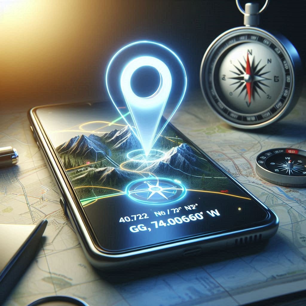 A modern 3D illustration of a smartphone displaying Google Maps with glowing GPS coordinates (e.g., 40.7128° N, 74.0060° W) floating above it. The background is an adventurous outdoor scene with mountains and a compass.