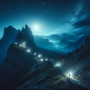 Moonlit mountain landscape with headlamp-lit hikers on switchback mountain hiking trail, stars visible above, moody blue tones, fantasy adventure atmosphere