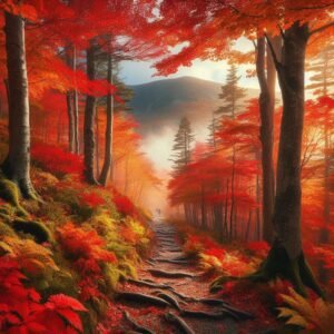 Autumn mountain hiking trail in New Hampshire, vibrant red and orange maple trees framing the path to Mount Washington, light fog, cozy fall atmosphere
