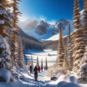 Winter snowshoe hike in Rocky Mountain National Park, evergreen trees heavy with snow, frozen alpine lake in background, crisp bluebird sky