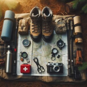 Flat lay composition of essential mountain hiking gear: boots, trekking poles, topographic map, compass, first aid kit, water filter on pine forest floor, morning light