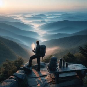 First light on the Appalachian Trail, lone hiker with steaming coffee at overlook, misty blue mountains stretching endlessly, peaceful wanderlust vibe