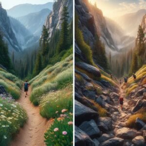 Side-by-side comparison: Easy trail (wide gravel path through wildflowers) vs Difficult mountain hiking trail (narrow rocky scramble with drop-offs), hikers shown for scale