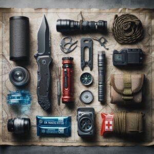 Top-down flat lay of 10 critical survival items on a weathered topographic map: survival knife, fire starter, emergency bivvy, water filter, compass, paracord, first aid kit, flashlight, satellite communicator, energy bars.