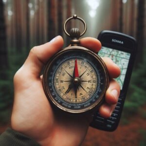 Hand holding a vintage compass with a red arrow pointing north, GPS device visible in background. Pine forest setting, adventure aesthetic.