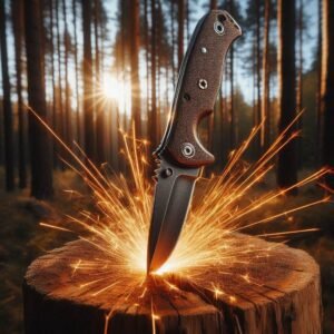 Close-up of a carbon steel survival knife stuck in a tree stump with sparks flying from a ferro rod, pine forest background. Golden hour lighting, ultra-sharp details.