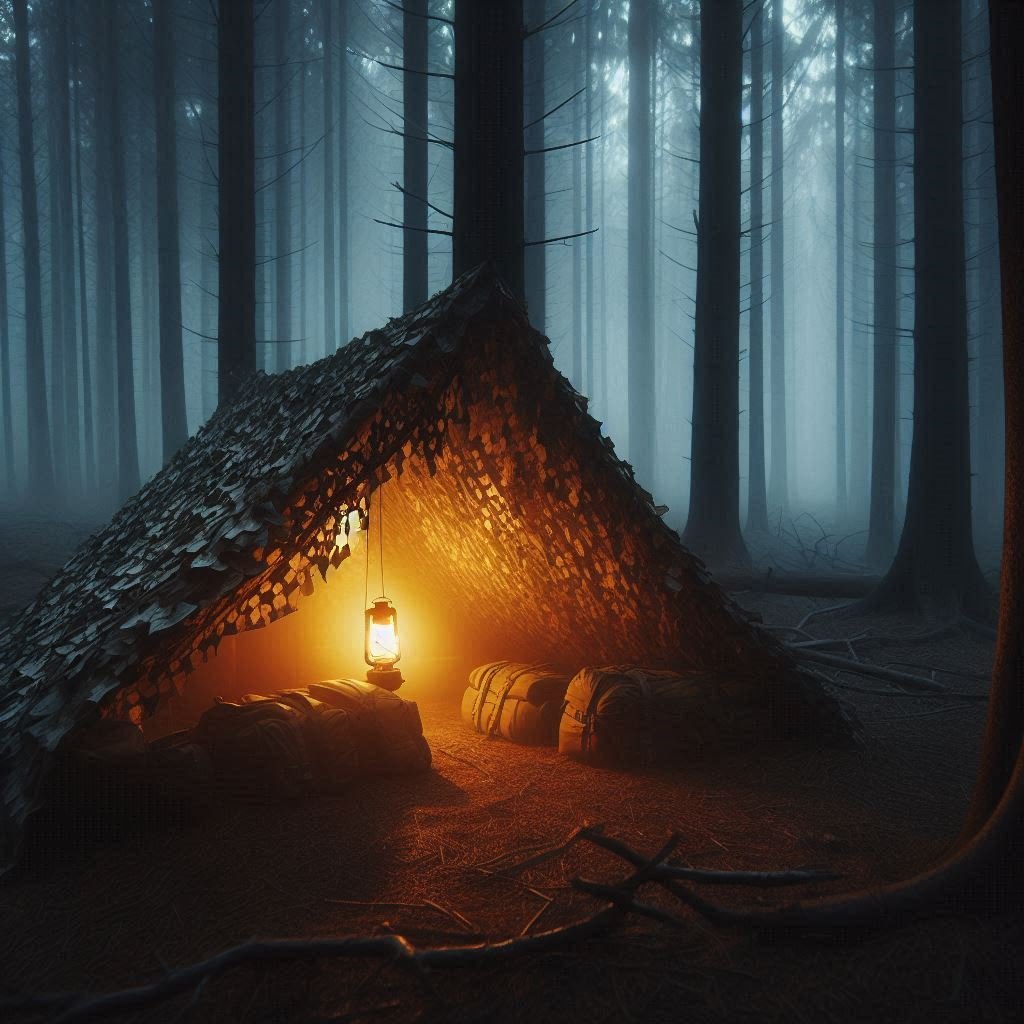 A camouflaged survival tarp shelter in dense woods at dusk, illuminated from inside by a warm lantern glow. Misty atmosphere, cinematic composition of survival camping gear.