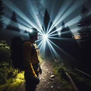 A hiker wearing a Nitecore NU25 headlamp on a dark forest trail, beam of light illuminating the path, long-exposure photo effect, stars visible.