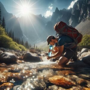 A hiker kneeling by a clear mountain stream, drinking directly through a LifeStraw-style water filter, sunny day, ultra-detailed, National Geographic photo style.
