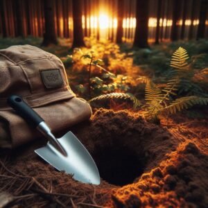 A lightweight trowel stuck in the ground next to a discreet cathole in a forest, golden hour lighting, Leave No Trace principles emphasized with this hiking gear.
