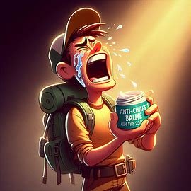 Cartoon-style hiker crying with joy while holding anti-chafe balm, dramatic lighting, humorous tone, Pixar-esque illustration.