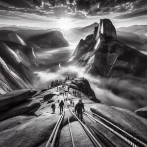 Half Dome cables at sunrise in Yosemite, exhausted but happy hikers ascending the granite slope, misty valley below, dramatic Ansel Adams style black and white mountain photography
