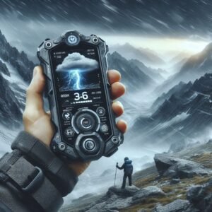 A high-tech handheld weather device displaying a storm alert, held by a backpacker in a windy alpine environment, futuristic yet practical design, hyper-detailed