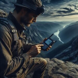 An adventurer typing a message on a compact satellite messenger while standing on a rocky cliff edge, vast wilderness in the background, cinematic lighting, ultra-realistic