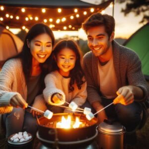 Happy multicultural family roasting marshmallows over a Coleman propane stove at dusk, tents and string lights in background, warm authentic candid moment