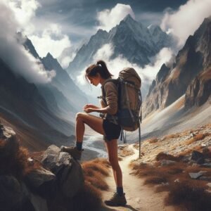 Midjourney-style action shot of female hiker adjusting straps on her Gregory Baltoro backpack while crossing a rocky alpine trail, mountain peaks in background, dynamic outdoor adventure composition