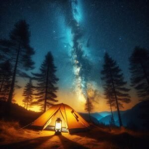 Long exposure photo of a glowing tent under starry Milky Way sky, BioLite lantern casting warm light, silhouettes of pine trees, astrophotography style with rich blues and yellows